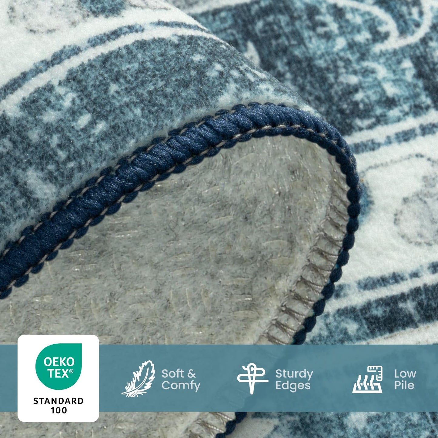 Vibrug 5x7 Coastal Blue White Area Rugs for Living Room - Vintage Boho Medallion Aesthetic Distressed Washable Rug, Soft Non-Slip Backing Low Pile Carpet for Office, Lounge, Bedroom Foot of Bed