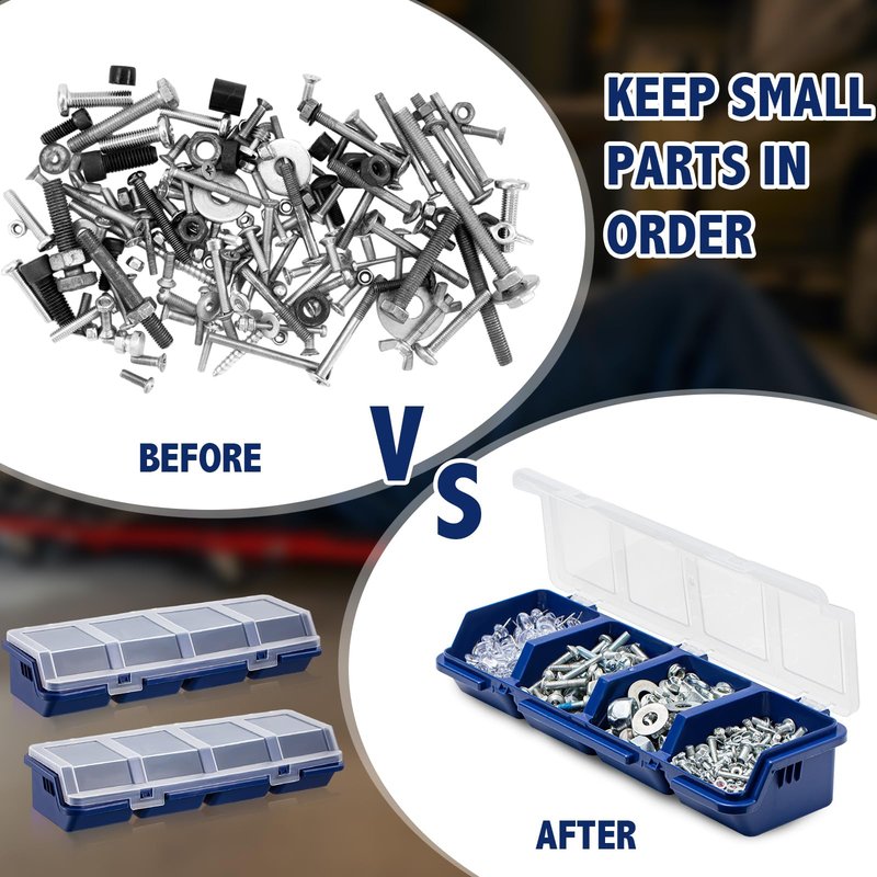 Hushee 6 Pcs Screw Organizer Box with Lid 4 Compartments Small Parts Organizer Plastic Stackable Nut and Bolt Hardware Storage Tool Bin Divider Sorting Screw Box for Workbench Garage (Blue)