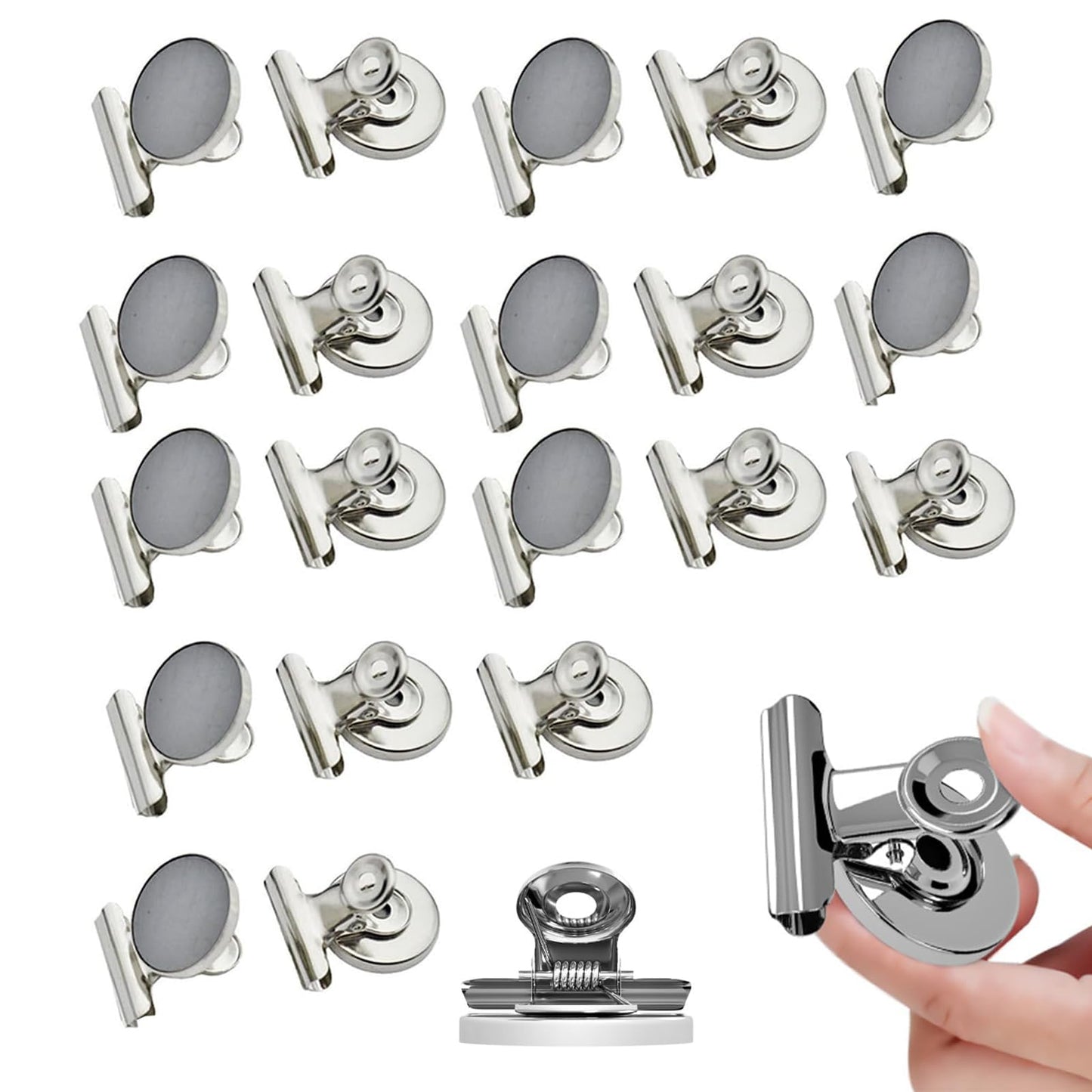 Strong Magnetic Clips, 20 Pack, 1.57 Inch, 40 mm, Silver, Refrigerator Magnet Clips, Large Clip Magnets, Office Supplies, Photo Displays