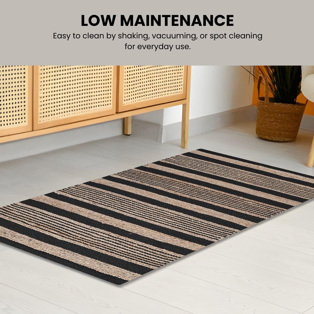 Threadvista Hand Woven Area Rug 2x3 Feet - Rustic Farmhouse Boho Accent Rug for Living Room Bedroom Kitchen Entryway Floor Mats Non Slip - Ideal for High Traffic Areas Jute Cotton Rug Natural Black