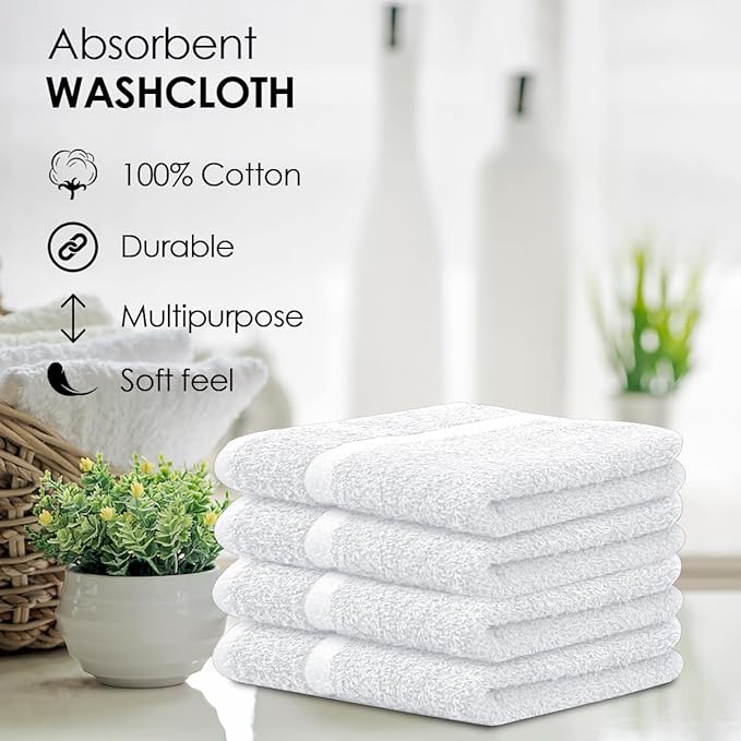 Avalon Towels Cotton Washcloths 24-Pack – 12 x 12 Inch White Super Soft &