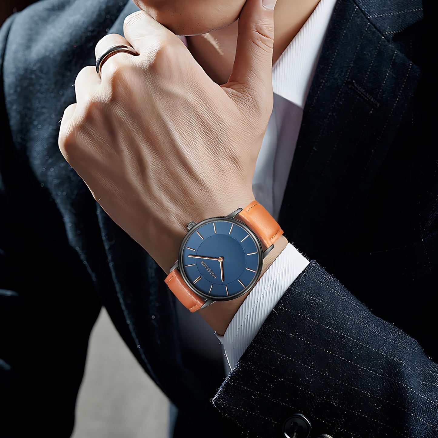 HOLSTOUR Watches for Mens Minimalist Fashion Business Wrist Watch Analog with Brown Leather Strap