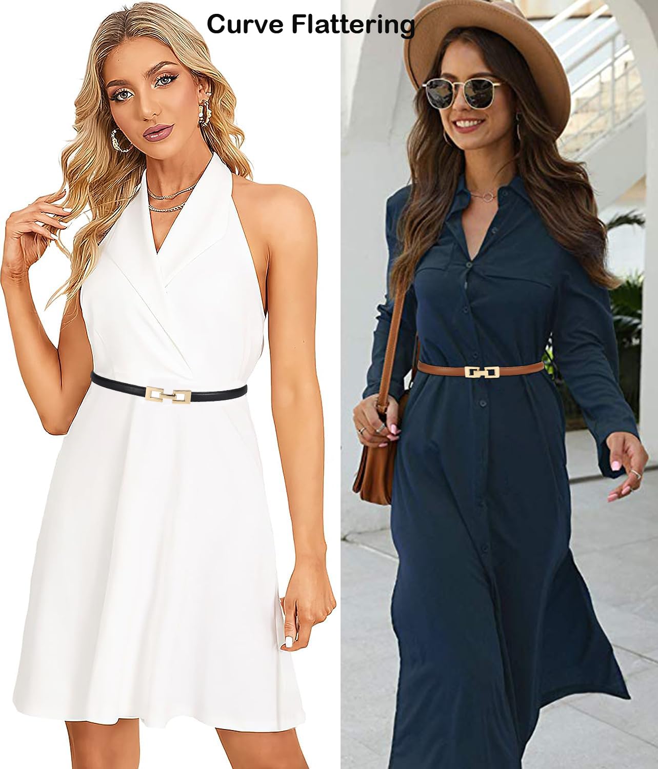 ALAIX 2Pack Skinny Leather Belts for Women Dress Belts Thin Waist Belt with Gold Buckle Adjustable Women's Belt