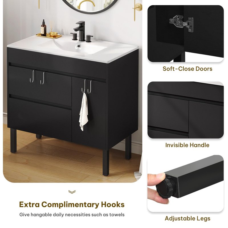 DWVO 36 Inch Bathroom Vanity with Sink, Bathroom Vanity Cabinet, Modern Bathroom Storge Vanity Includes Adjustable Legs, Soft Closing Door, 2 Drawers & Drain