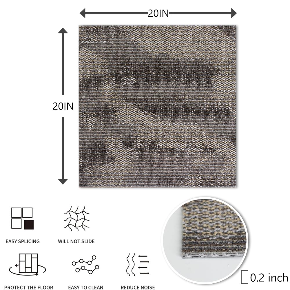 Heavy Duty Commercial Carpet Tiles 20" x 20", 22 Pcs/61.11 sq ft (FlexLok tabs Included),Non-Slip Soft Square Carpet Floor Tile for Office Bedroom Living Room Kitchen Garage Gym (Grey & Khaki)