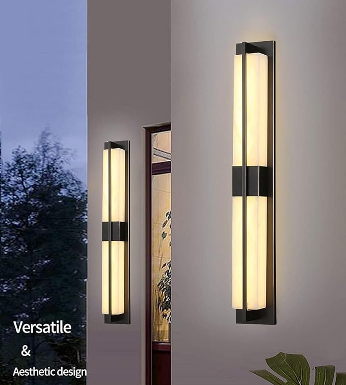 LED Outdoor Wall Lights Fixture Lamps. Modern Elegant Acrylic lampshade with Marble Texture, Aluminum Body. Exterior Black Sconce Wall Lantern IP65 Waterproof Anti Rust. (Modern LED Black 40''H, 24W)