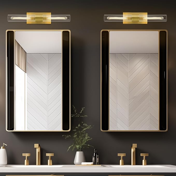 Brass Wall Sconces, 22.8" Bathroom Wall Sconce, Gold Wall Sconces Set of 2, 2-Light Dimmable Wall Sconce, Sconces Wall Lighting With Glass, Bathroom Vanity Light, Tube Sconce for Living Room, Hallway