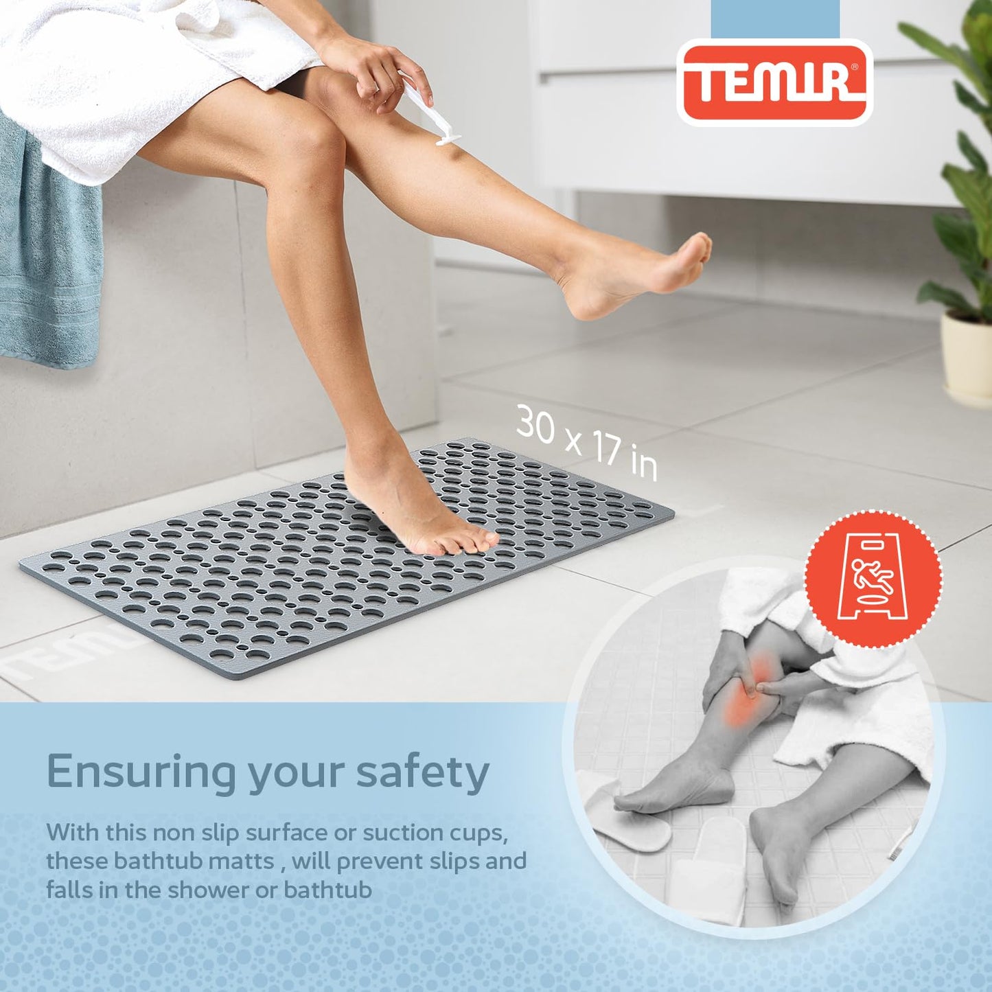 TEMIR Non Slip Bathtub Mat for Shower — Anti Skid Safety Mat with Strong Suction Cups, Quick Drain Holes, Machine Washable, Soft Bathroom Mat for Elderly & Kids, 30x17 in (75x43 cm) Gray
