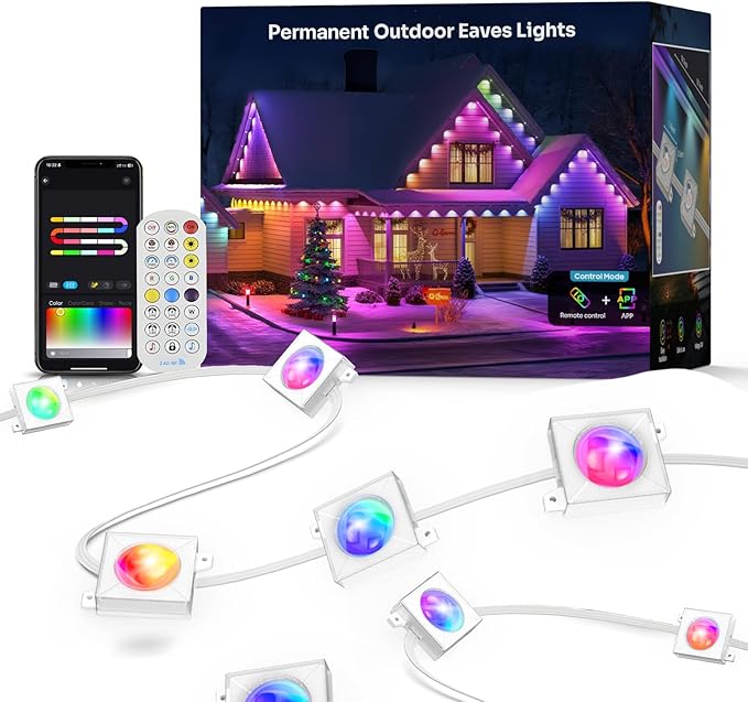 Permanent Outdoor Lights,150FT RGB+IC LED Lights with Smart APP & Remote Control, 72 Scene Modes, Waterproof IP65 for Holiday,Christmas,Yard Decorations(Extension Cord Not Included)