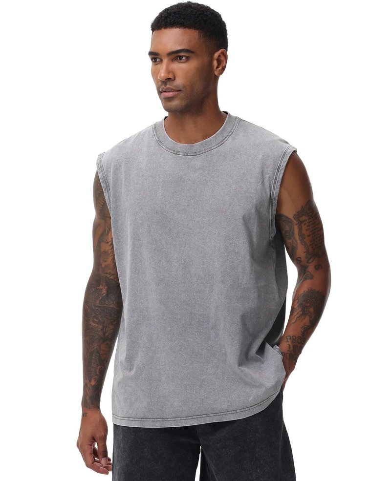 SnowElve 4 Pack Mens Workout Tank Tops Sleeveless Tee Shirts Men Muscle Shirt Gym Acid Wash T Shirts Running Beach Loose Fit Tee(BKGYCFBG,2XL)