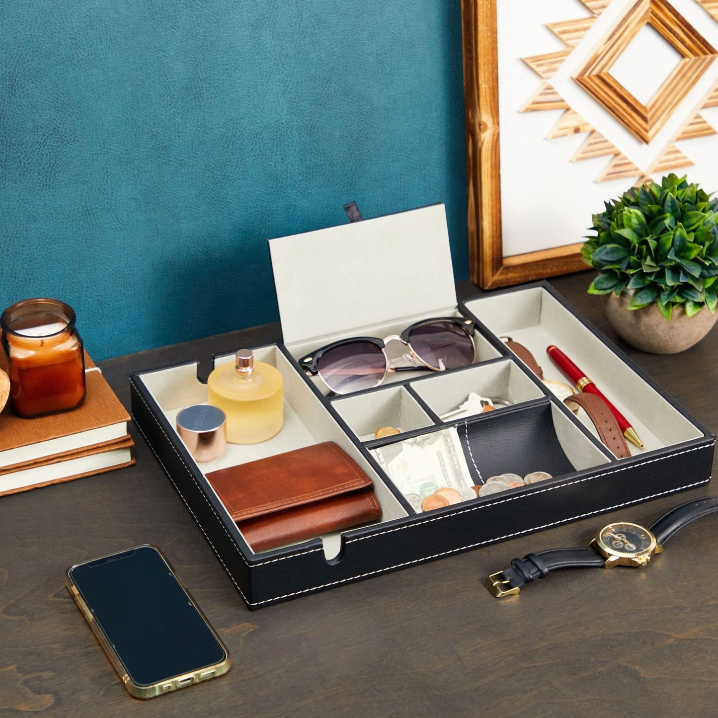 Juvale Nightstand Organizer Tray - 14 x 10 x 1.5 in, Black Faux Leather - Valet Tray for Men with 6 Compartments for Watch, Jewelry & Keys