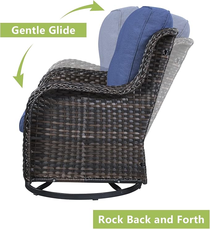 Rilyson Wicker Rocking Chair Swivel Chairs - 3 Piece Rocker Patio Furniture Set Rattan Rocking Bistro Sets with Glass Top Side Table for Outdoor Porch Deck Garden Backyard (Brown/Blue)