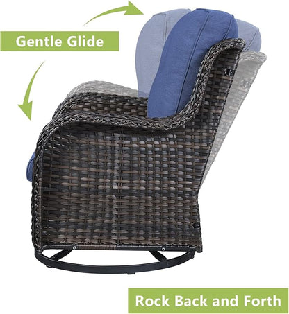Rilyson Wicker Rocking Chair Swivel Chairs - 3 Piece Rocker Patio Furniture Set Rattan Rocking Bistro Sets with Glass Top Side Table for Outdoor Porch Deck Garden Backyard (Brown/Blue)