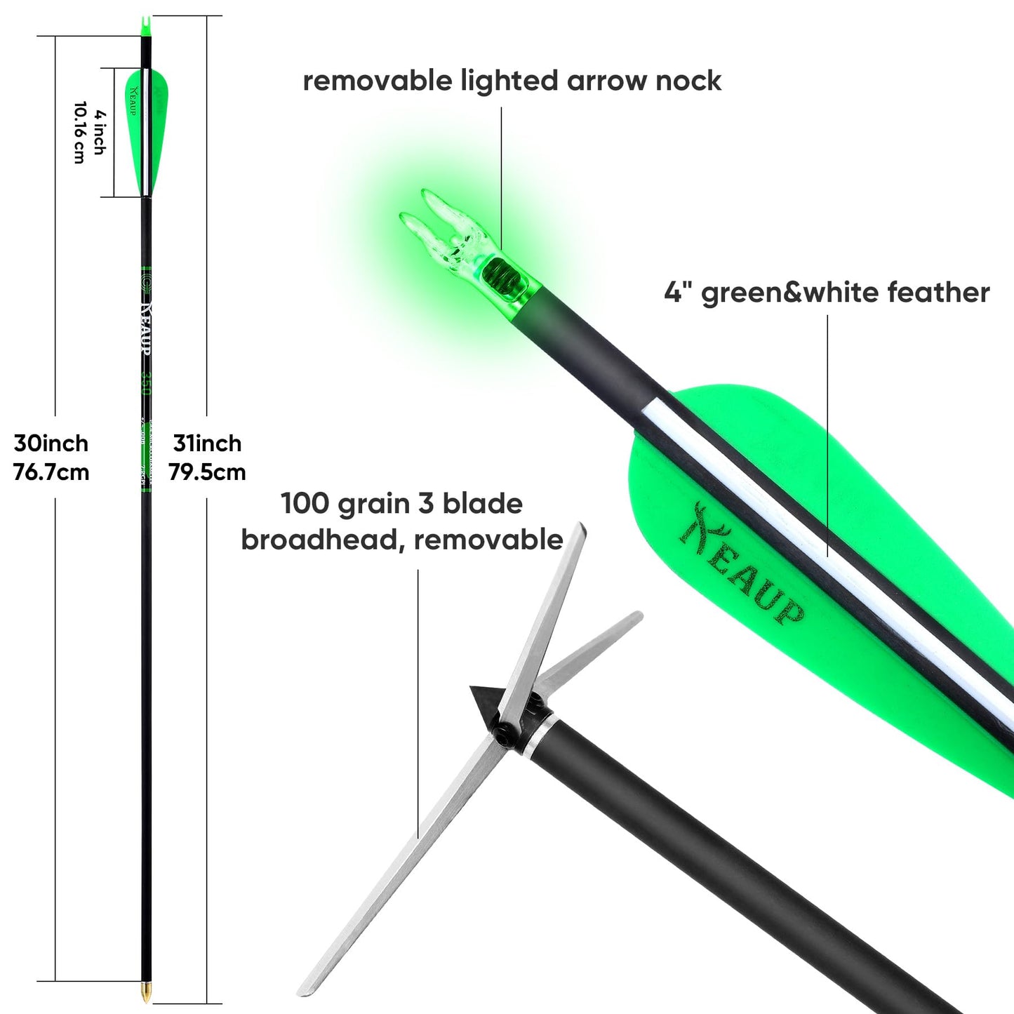 KEAUP 6 Pack 30 Inch Carbon Arrows for Compound Bow with 100 Grain Turkey Broadheads & Lighted Nocks Practice Target Hunting Arrows for Compound Recurve Bow (Spine 400)