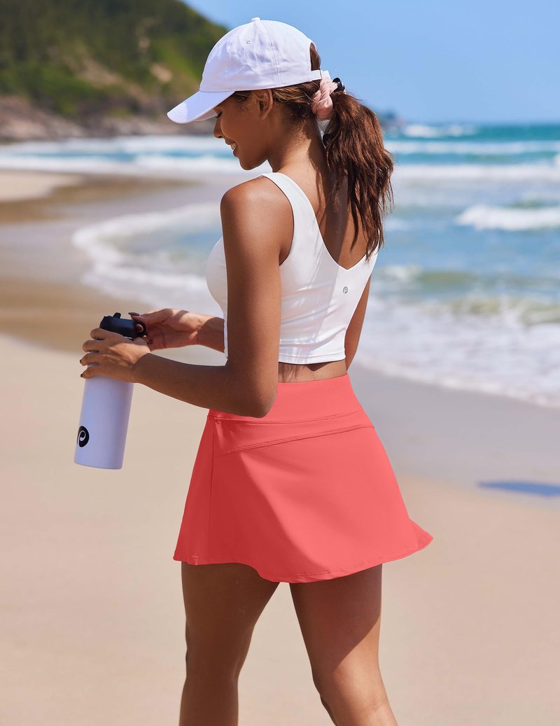PINSPARK Tennis Skirt Pleated Golf Skorts for Women Workout Tummy Control Athletic Skirts with Pockets,Porcelain Rose X-Large