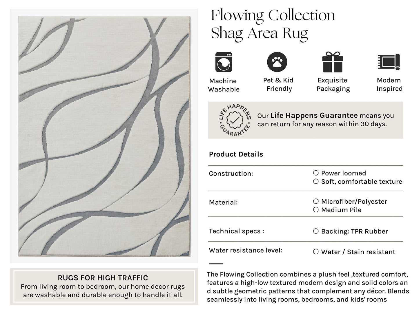 HUGEAR Shag Area Rug 6x9 Grey & Ivory Washable Living Room Bedroom Rug Non Slip Non-Shedding Soft Plush Medium Pile Large Throw Carpet for Home Office Aesthetic Modern Decor