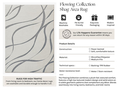 HUGEAR Shag Area Rug 6x9 Grey & Ivory Washable Living Room Bedroom Rug Non Slip Non-Shedding Soft Plush Medium Pile Large Throw Carpet for Home Office Aesthetic Modern Decor