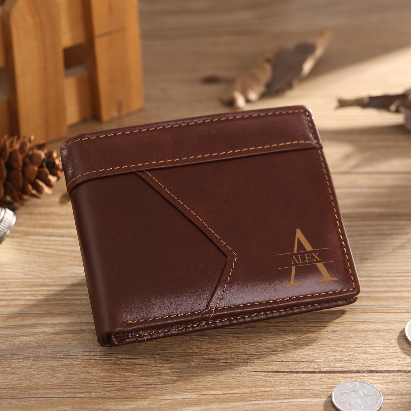 JISHANGXY Personalized RFID Leather Wallet for Dad – Custom Name & Initial Bifold – First Layer Cowhide with Gift Box – Father’s Day, Birthday, Christmas Gift from Son Daughter (Browse)