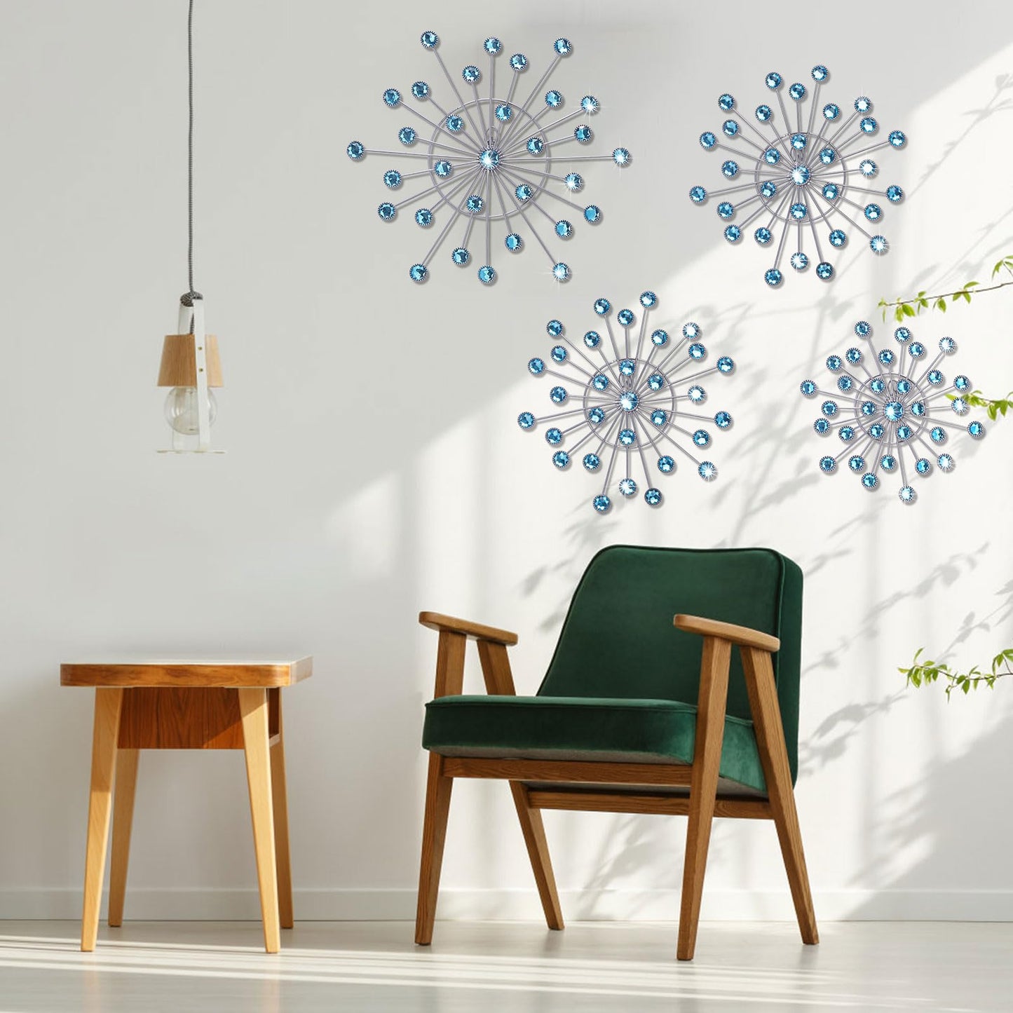 Primst Starburst Star Wall Decor, 4 Pcs Bling Crystal Wall Decor, Metal Wall Art, Iron Rhinestones Sunburst Home Decorative for Living Room Bedroom Entryway Office