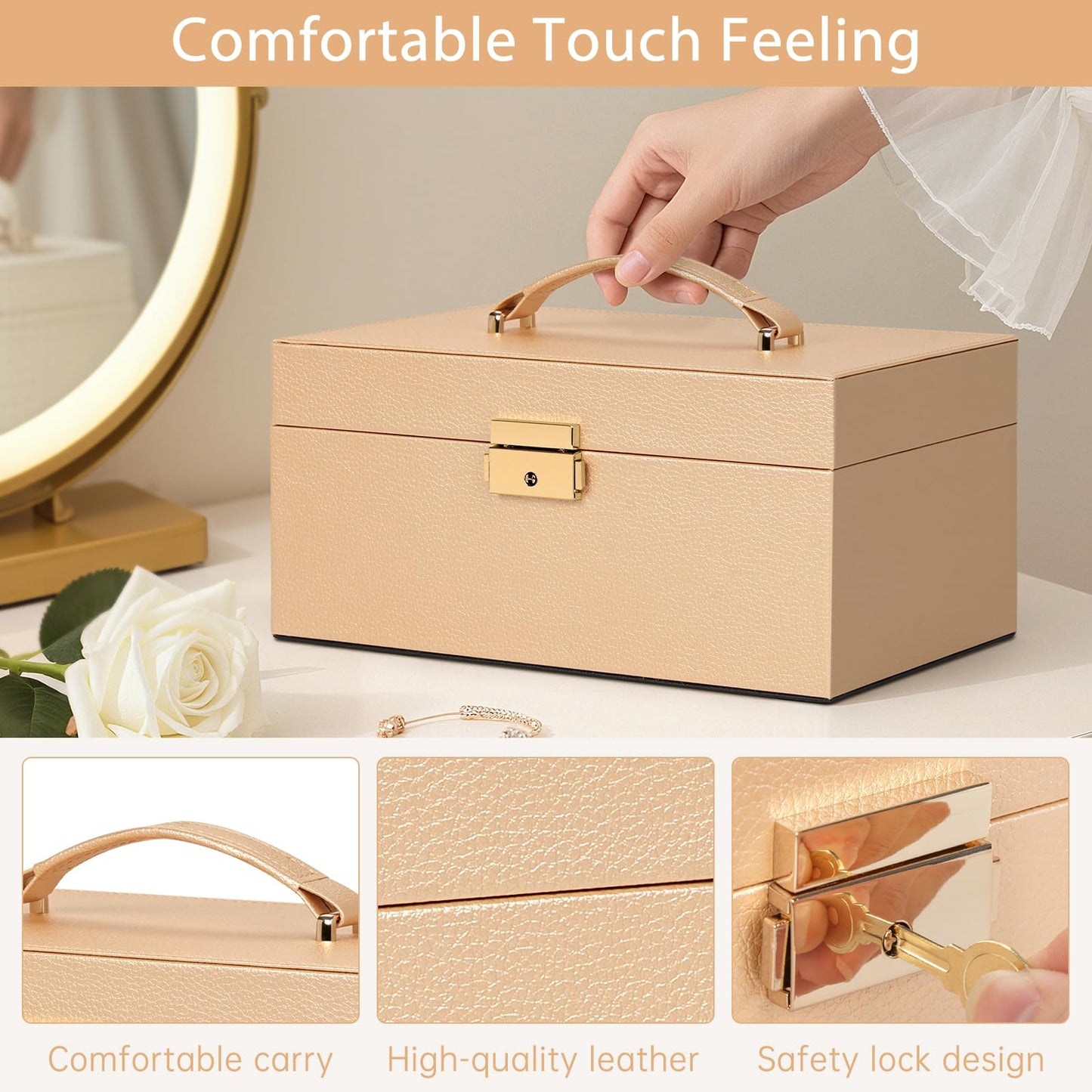AKOZLIN Travel Jewelry Box Organizer Functional 2-trays Leather Jewelry Storage Case with Lockable Portable for Women Girls Ring Necklace Earring Bracelet Champagne
