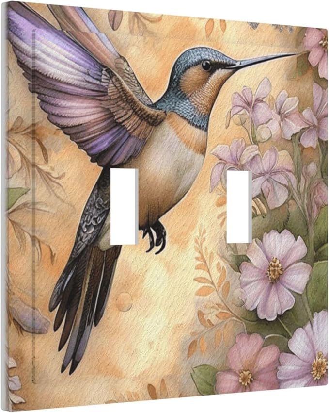 Decorative Art Light Switch Covers Blossom & Hummingbird 2 Gang Double Toggle Wall Plate Decorative Switchcover Electrical Switchplate for Home Decor