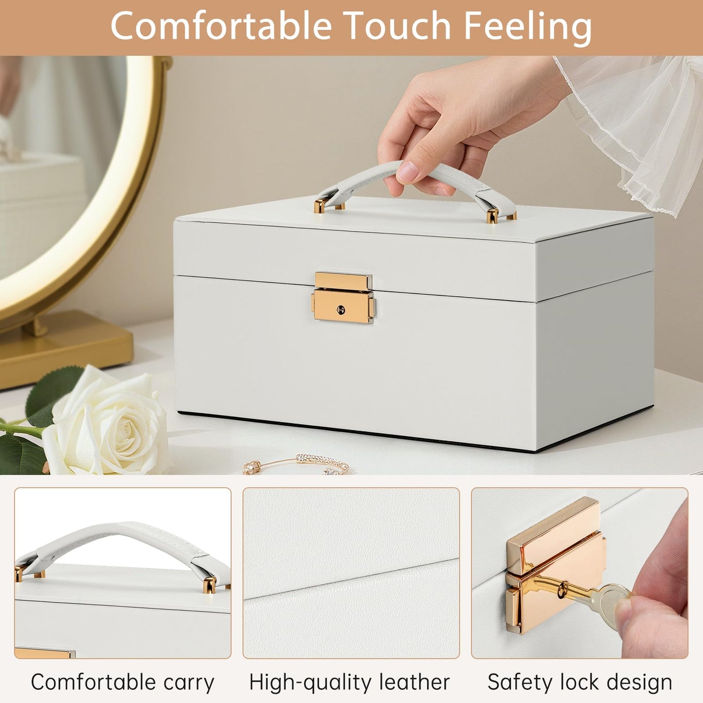 AKOZLIN Travel Jewelry Box Organizer Functional 2-trays Leather Jewelry Storage Case with Lockable Portable for Women Girls Ring Necklace Earring Bracelet