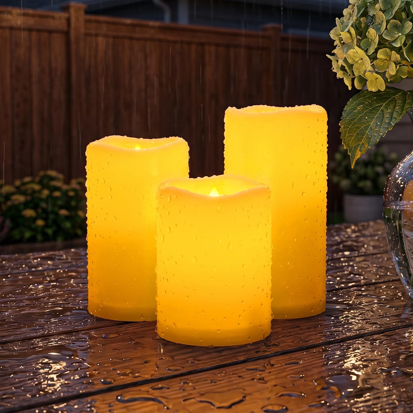 Raycare Outdoor Waterproof Flameless Candles-Auto Light Sensor Dusk to Dawn, Flickering LED Candle, Battery Operated Electric Fake Pillar Candle for Garden, Porch, Patio, Lantern Decor, (D3"xH4"5"6")