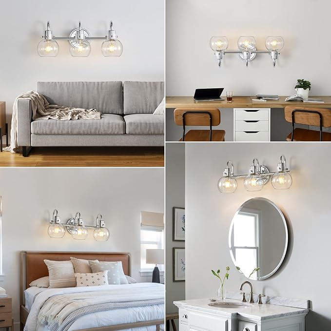 Bathroom Light Fixtures Polished Chrome 3 Light Vanity Light Wall Sconces Lighting with Clear Globe Glass Shades Bath Wall Mount Lamp for Mirror Kitchen Porch Living Room Bedroom Hallway(E26)