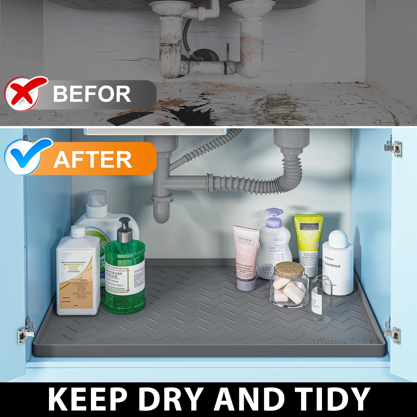 TigeJoy 34" x 22" Under Sink Mats for Kitchen Waterproof, Leak-Proof Silicone Mat Sink Protector and Cabinet Liner, Kitchen Essentials Organizer and Storage, Boot or Shoe Tray, Pet Feeding Mat