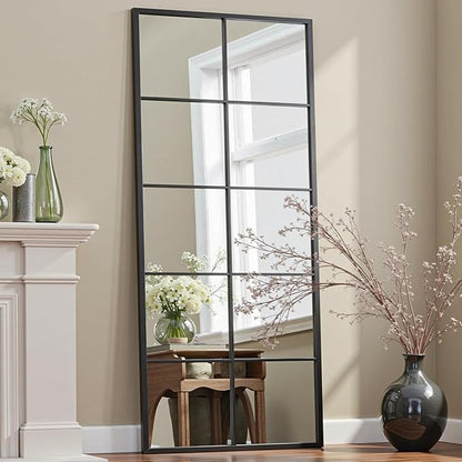 Full Length Mirror, 65"x24" Window Pane Mirror for Wall Decor, Black Full Body or Wall Mounted Mirrors, Farmhouse Standing Mirrors Hanging or Leaning for Living Room, Entryway, No Stand