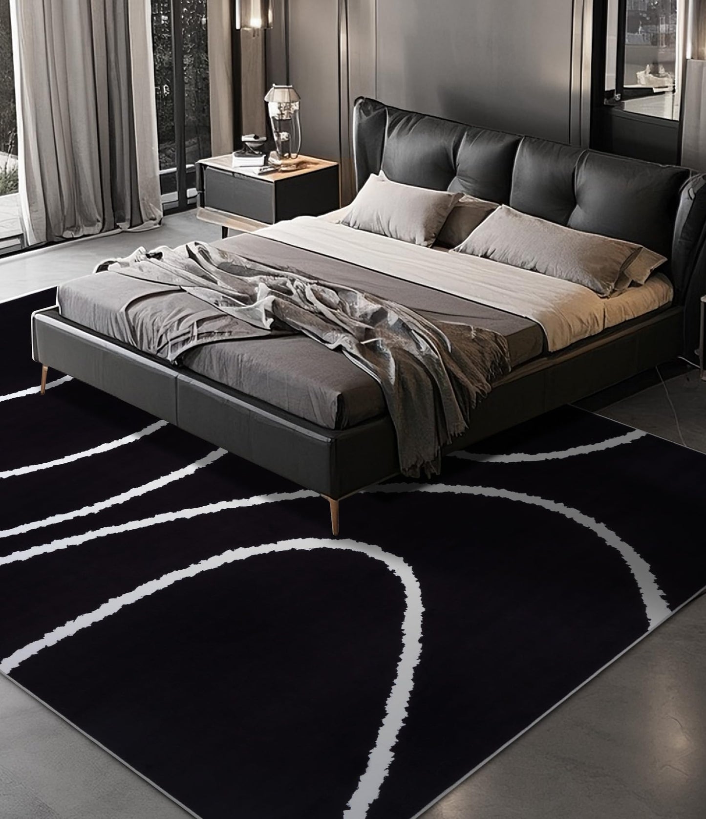YIHOUSE Black Modern Area Rug 6x9,Abstract Rugs for Bedroom,Black and White Geometric Rug,Minimalist Wave Rug,Dark Washable Area Rugs 6x9 Non Slip Rugs for Living Room，Office
