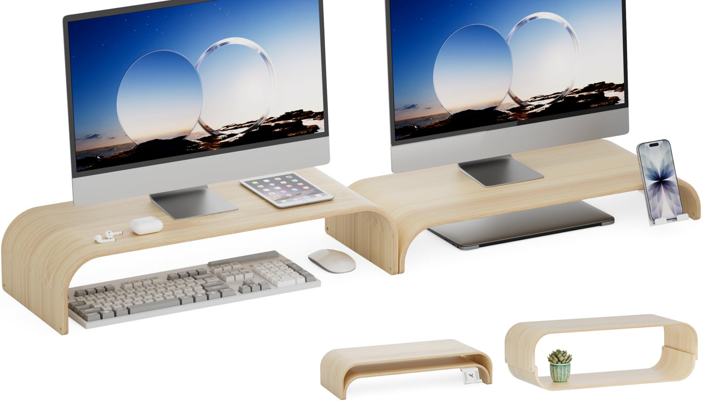 ERGO COLLECT Bent Wood Monitor Stand Riser, Solid Wood Dual Monitor Riser with Storage, 2-Tier Natural Wood Desk Shelf Organizer for Computer, Laptop & Printer, No Assembly, Max Load 110lbs