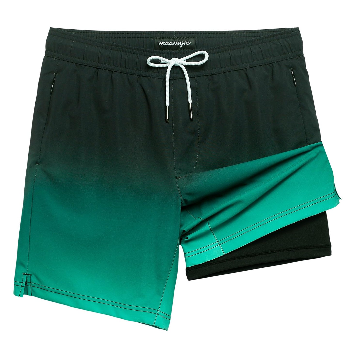 maamgic 2 in 1 Mens Swim Trunks 7 Inch Swim Shorts Swim Suits Board Shorts Gradual Green Black L