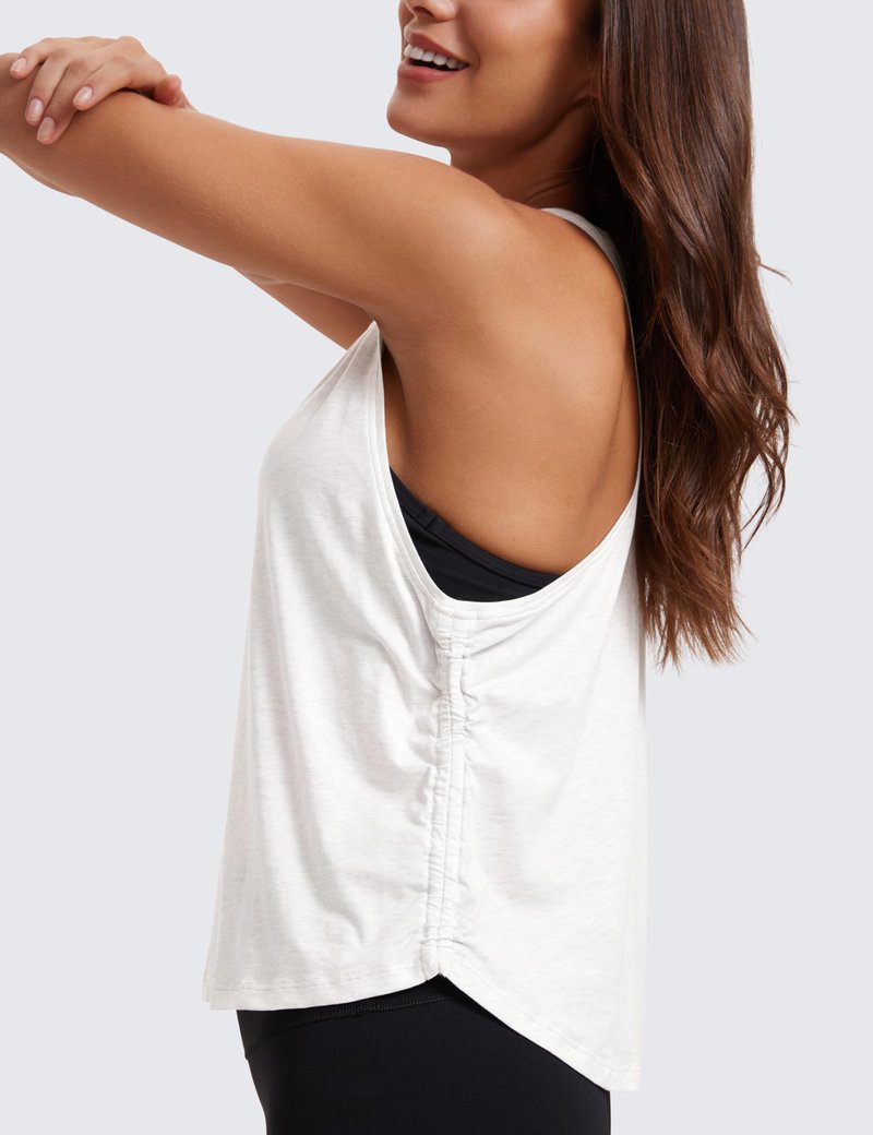 CRZ YOGA Pima Cotton Ruched Side Tank Tops for Women - Workout Athletic Casual Racerback Crewneck Loose Sleeveless Shirts Ice Grey/White Small