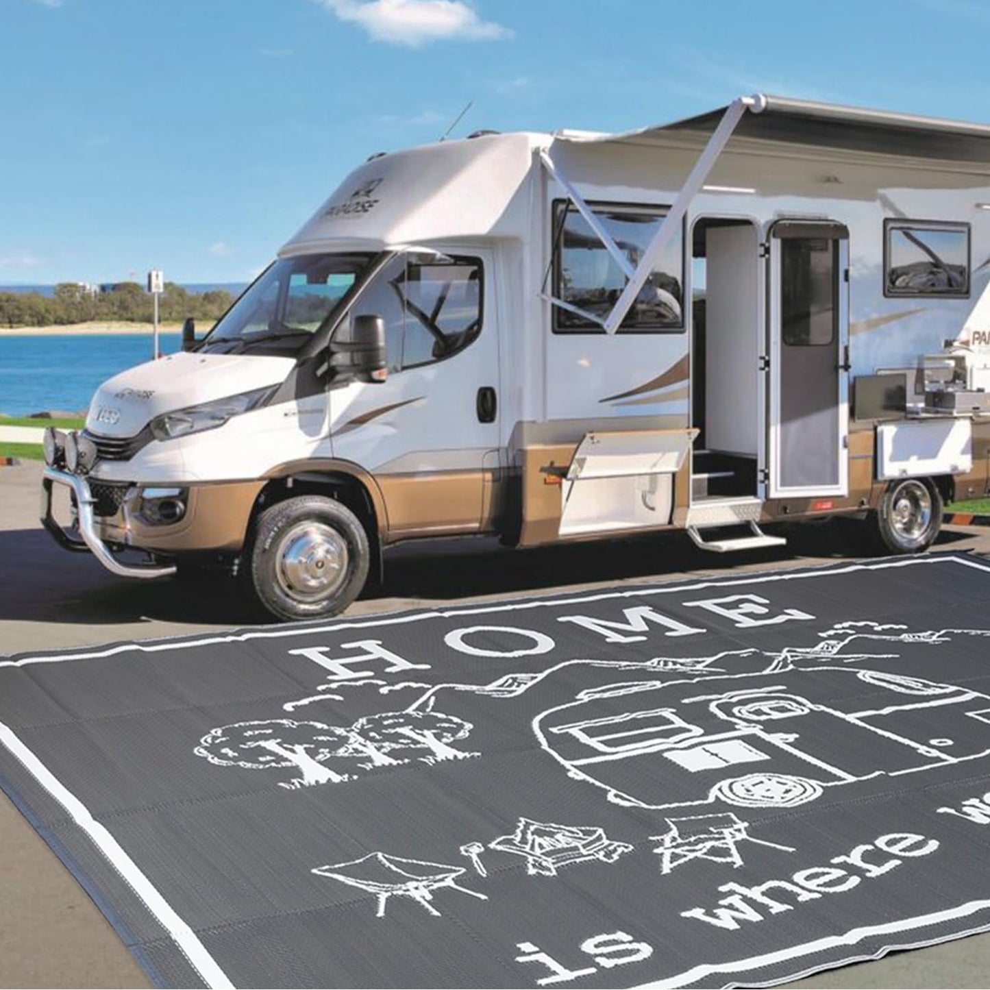 FACOYANS 9x12 FT RV Outdoor Rug - Home is Where We Park It Reversible Camper Mat - Waterproof Plastic Straw Camping Rug with Carry Bag - UV Resistant, Easy Clean Patio & Awning Mat