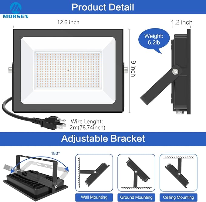 MORSEN 300W Warm White Led Flood Lights Outdoor, 3000K Super Bright 45000LM Security Lights with Plug,Exterior IP66 Waterproof FloodLight for Basketball Court, Yard, Garden, Playground 2 Pack