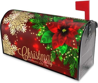 Christmas Mailbox Covers Poinsettia Gold Snowflake Xmas Magnetic Letter Post Box Cover Standard Size 25.5 x 21 Inch Garden Yard Home New Year Holiday Decorative