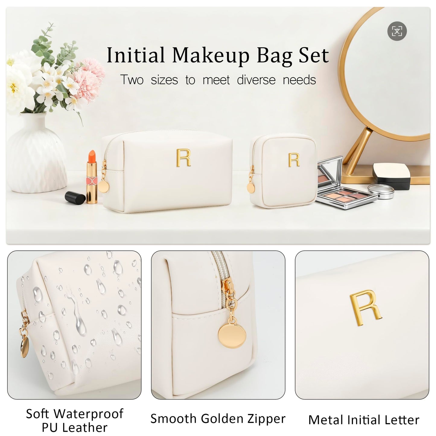 CLOUDWINGS Personalized Birthday Gifts for Women - Initial Makeup Bag Set Travel Toiletry Bag Cosmetic Bags Soft Waterproof PU Leather Makeup Pouch Travel Essentials (R, 2pcs Beige)