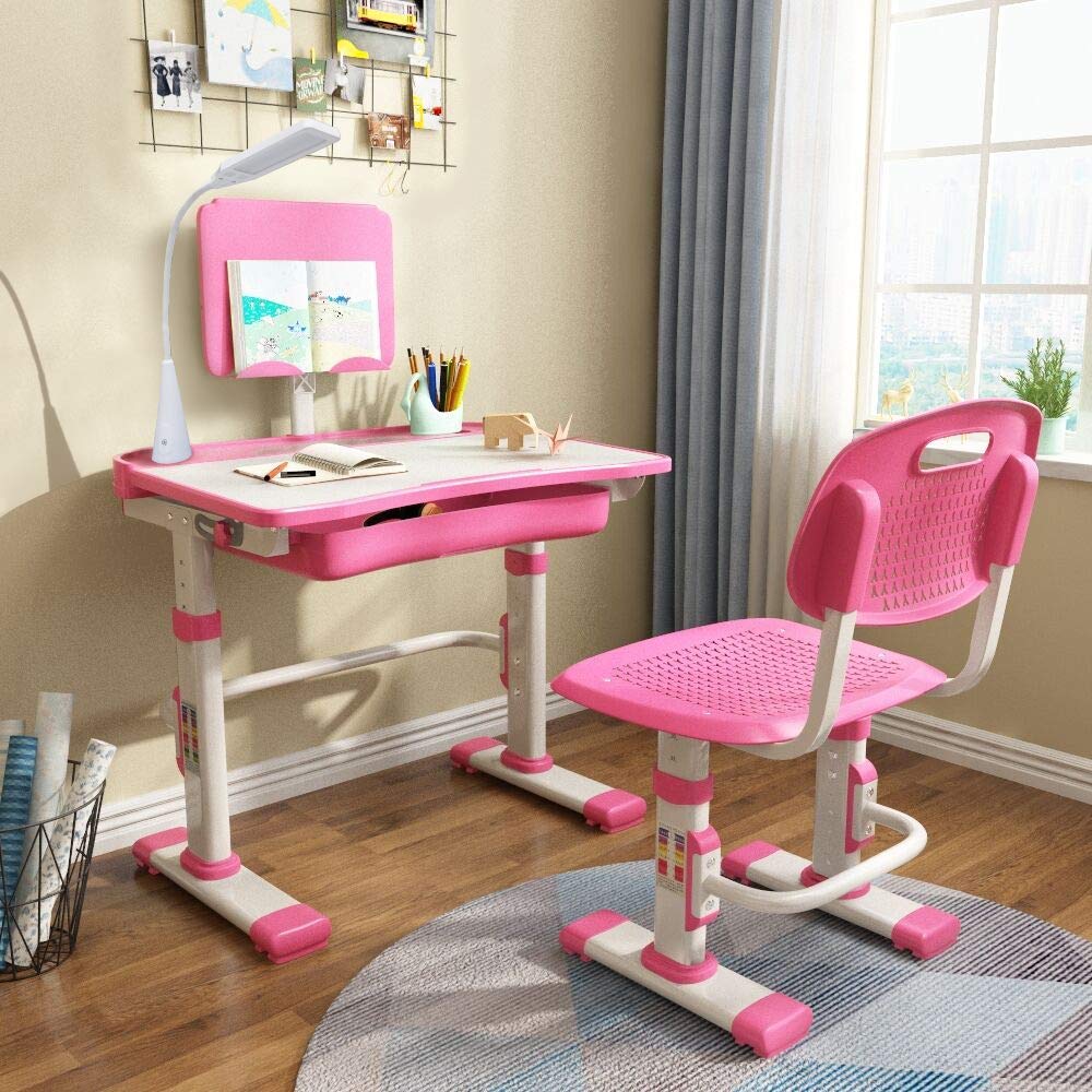 LVYUAN Kids Functional Desk and Chair Set, Ergonomic Height Adjustable Children School Study Desk with Tilt Desktop, Book Stand, LED Light, Metal Hook and Storage Drawer for Boys Girls(Pink)