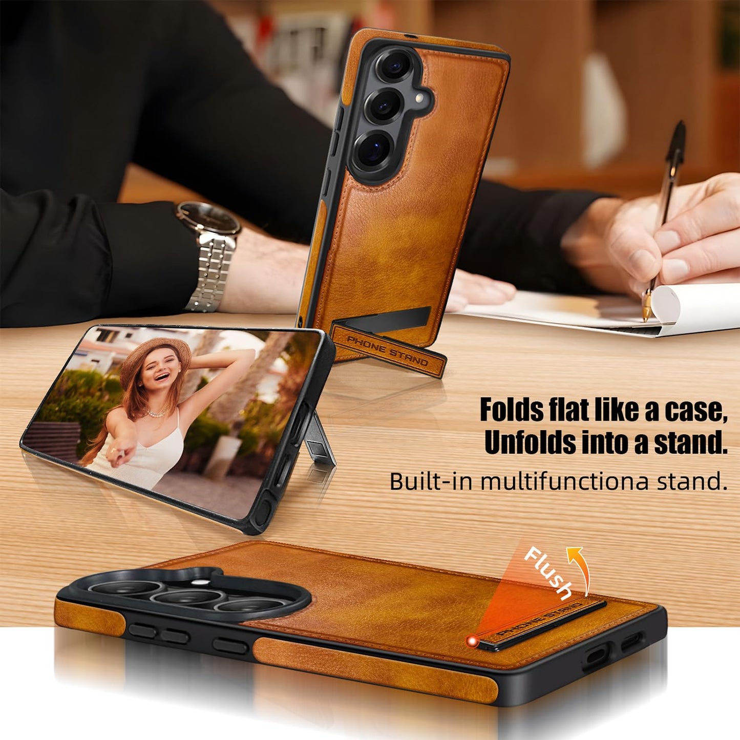 KSELF Leather Case with Stand for Samsung Galaxy S26 Case, Protective Soft Grip Luxury Cover for Men, Protective Slim Kickstand Shockproof Phone Cases Compatible with S26 6.3", Brown