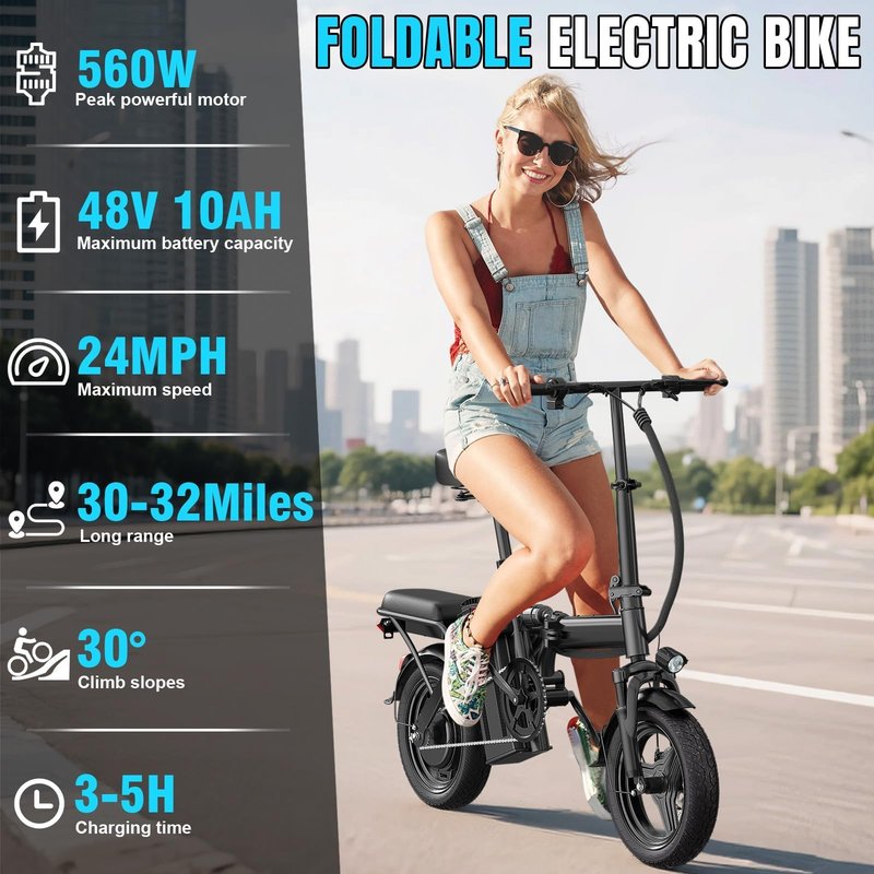 Electric Bike for Adults and Teens, Folding Ebike,Commuter City Foldable E Bike with 560W Motor and 48V 10Ah Battery, 24 MPH Speed Pedals Assist, Dual Disc Brakes,14" Compact Electric Bicycle