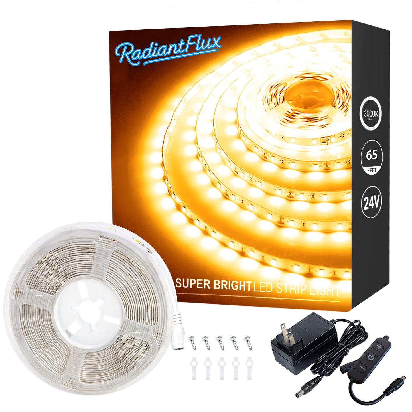 RadiantFlux Warm White Led Strip Lights for Bedroom, 65ft 1200Leds, Dimmable,Flexible, Super Bright LED Tape Lights for Living Room, Kitchen, Vanity Mirro （Indoor Use）