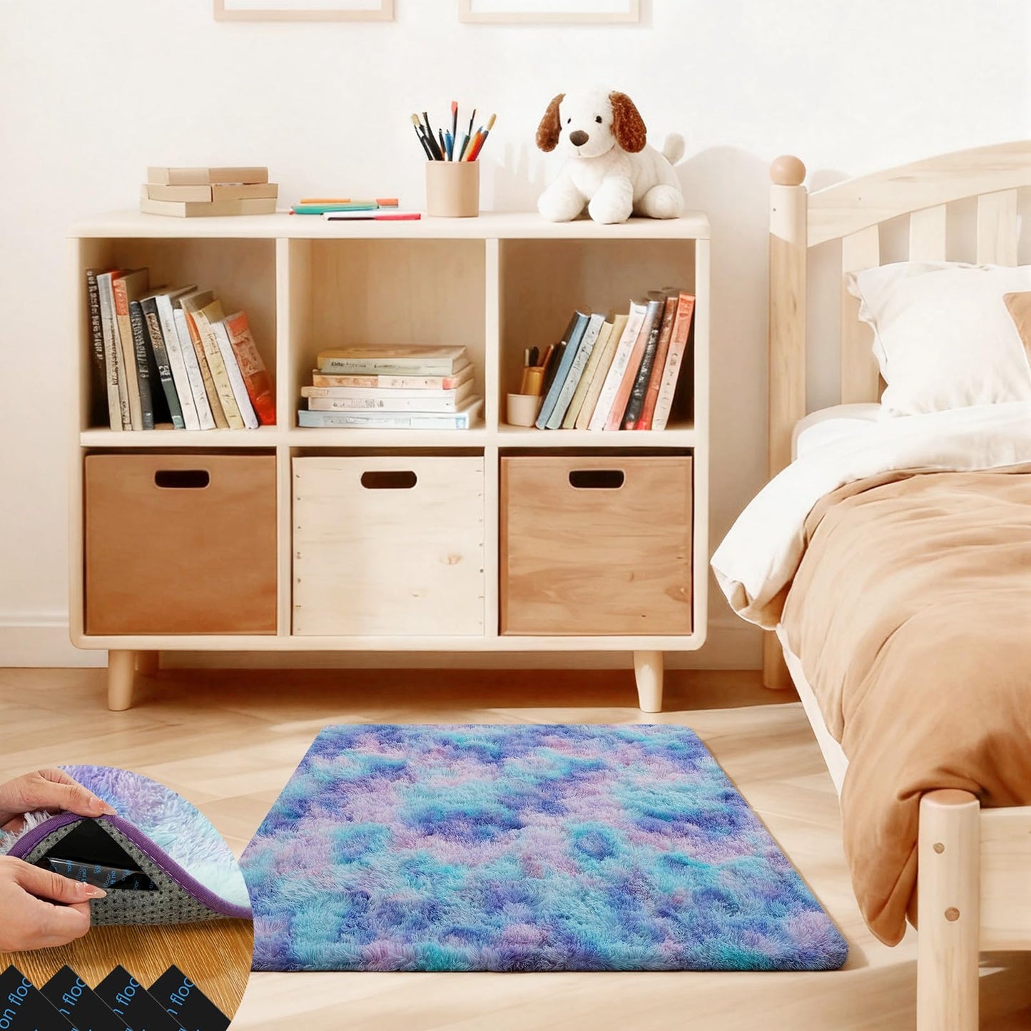 Ehayx 2x3 Rugs for Bedroom, Fluffy Area Rugs for Living Room, Small Fuzzy Shag Soft Carpet with 4 Non-Slip Adhesive Strips for Kids Boys and Girls Nursery Dorm Room Home Decor (2ft X 3ft, Rainbow)