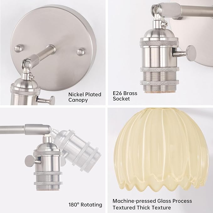 Vintage 5000 mAh Battery Operated Wall Sconce with Cream Tulip Glass Lampshade Rechargeable Battery Powered Wall Light with Remote Control for Bedroom Doorway, Set of 2