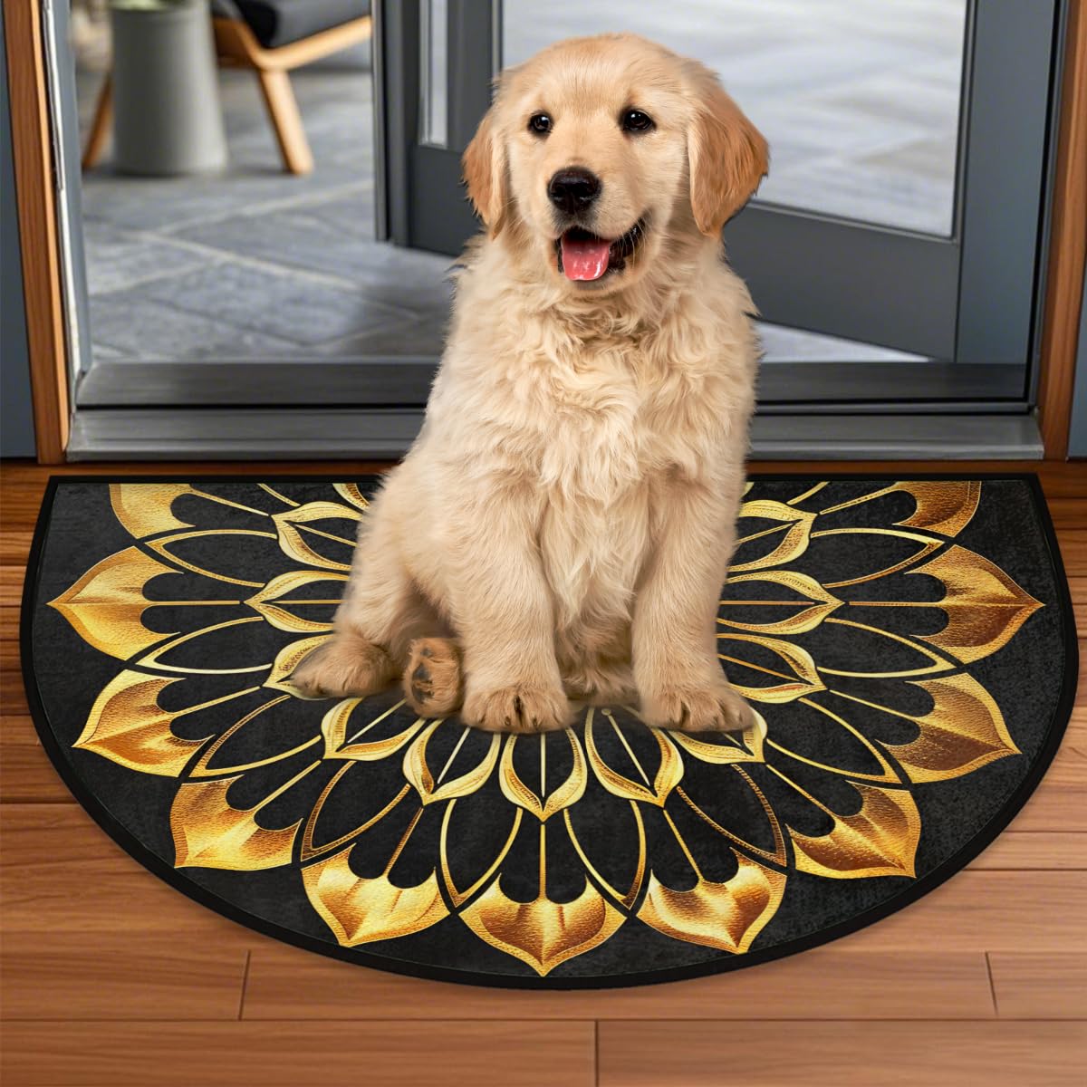 Half Round Doormat Mandala Ethnic Gold Florals Non Slip Half Circle Area Rugs Indoor Washable Half Moon Rug Semi Circle Bathroom Runner Mat Entrance Floor Carpet for Kithen Bedroom Fireplace Decor