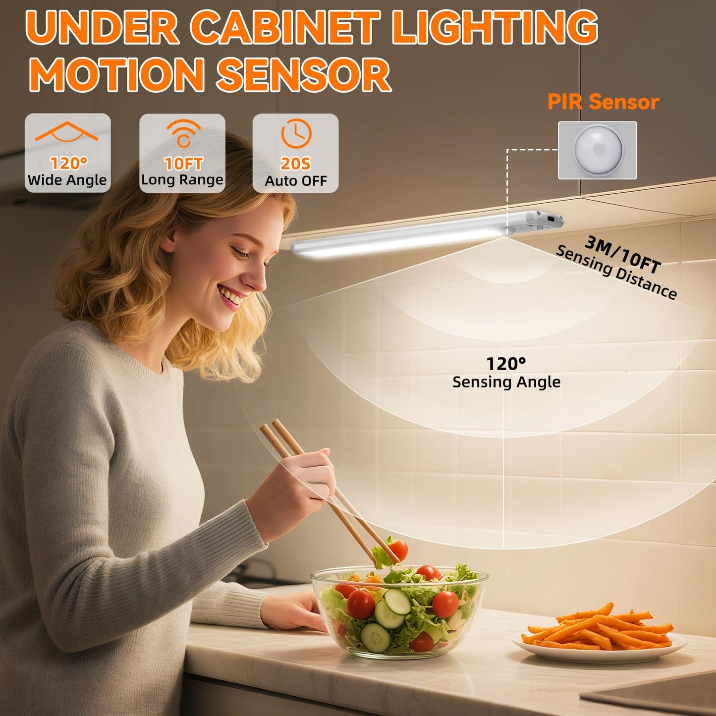 Under Cabinet Lighting Wireless, Rechargeable 10inch Motion Sensor Light Indoor, 3 Color Closet Light Battery Operated with LED Power Display, Magnetic Under Counter Lights for Kitchen, Home (3Pack)