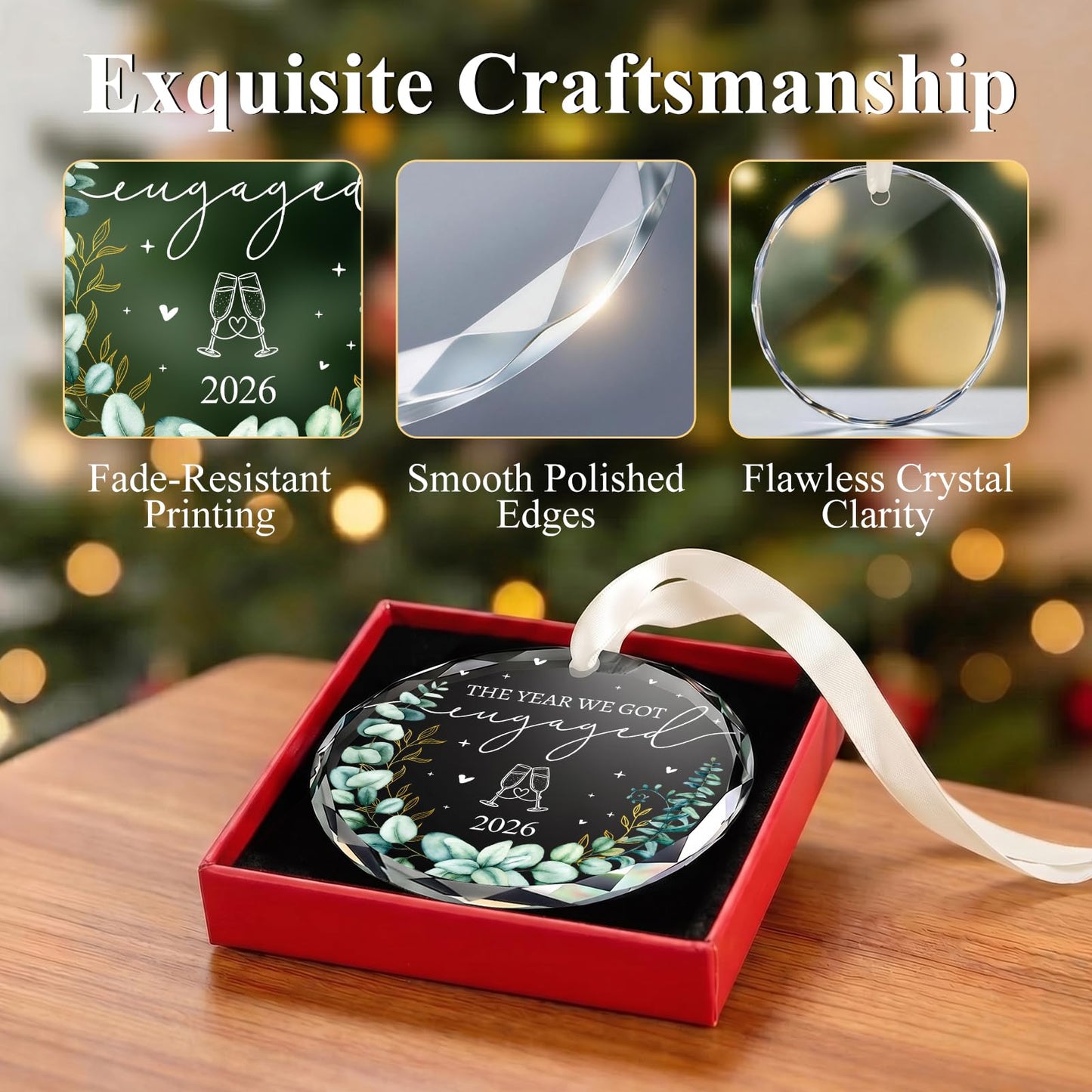 Engagement Gifts for Couples - Crystal Glass 2026 Engagement Ornament, Newly Engaged Gifts for Women, Her - Bride to Be Gift, Fiance Gifts - Engaged Christmas Party Decorations