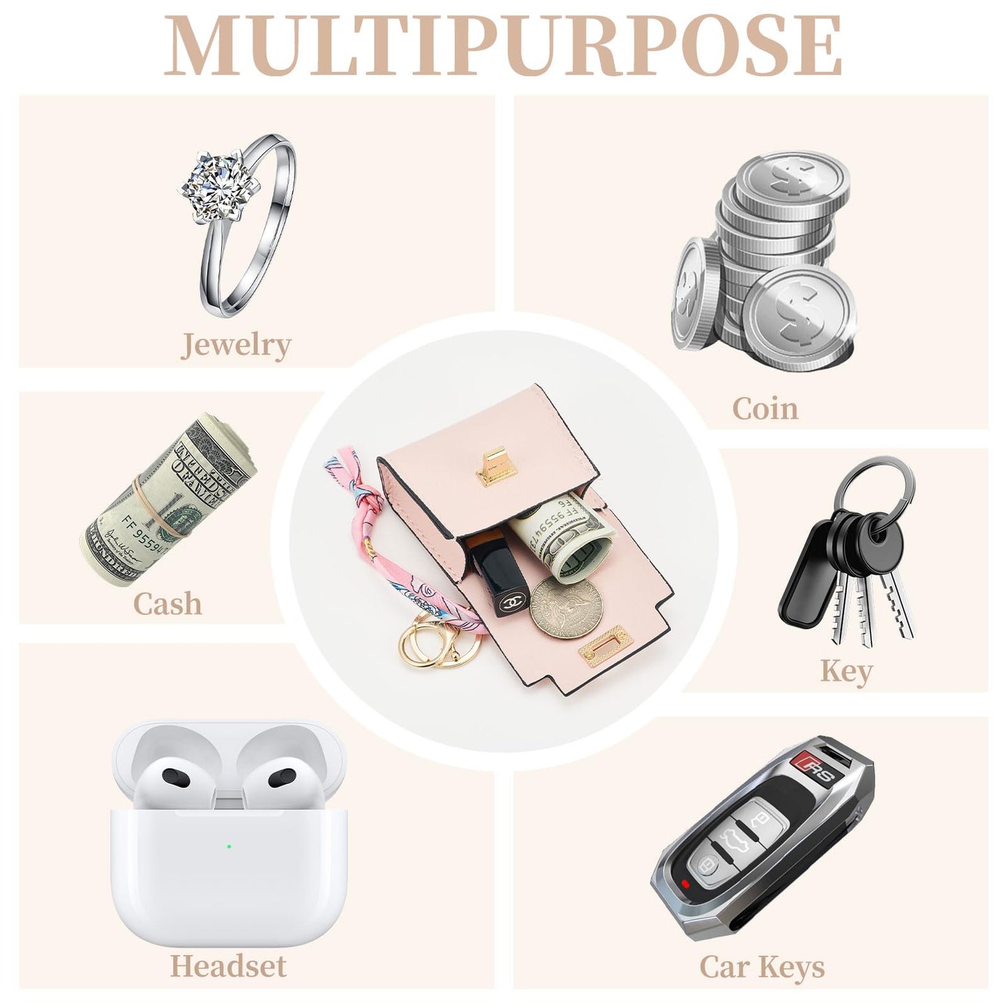 WOZEAH Mini Backpack Keychain for Women,Small Change Pouch Coin Purse Twist-lock with Key Headset Bag（Pink）