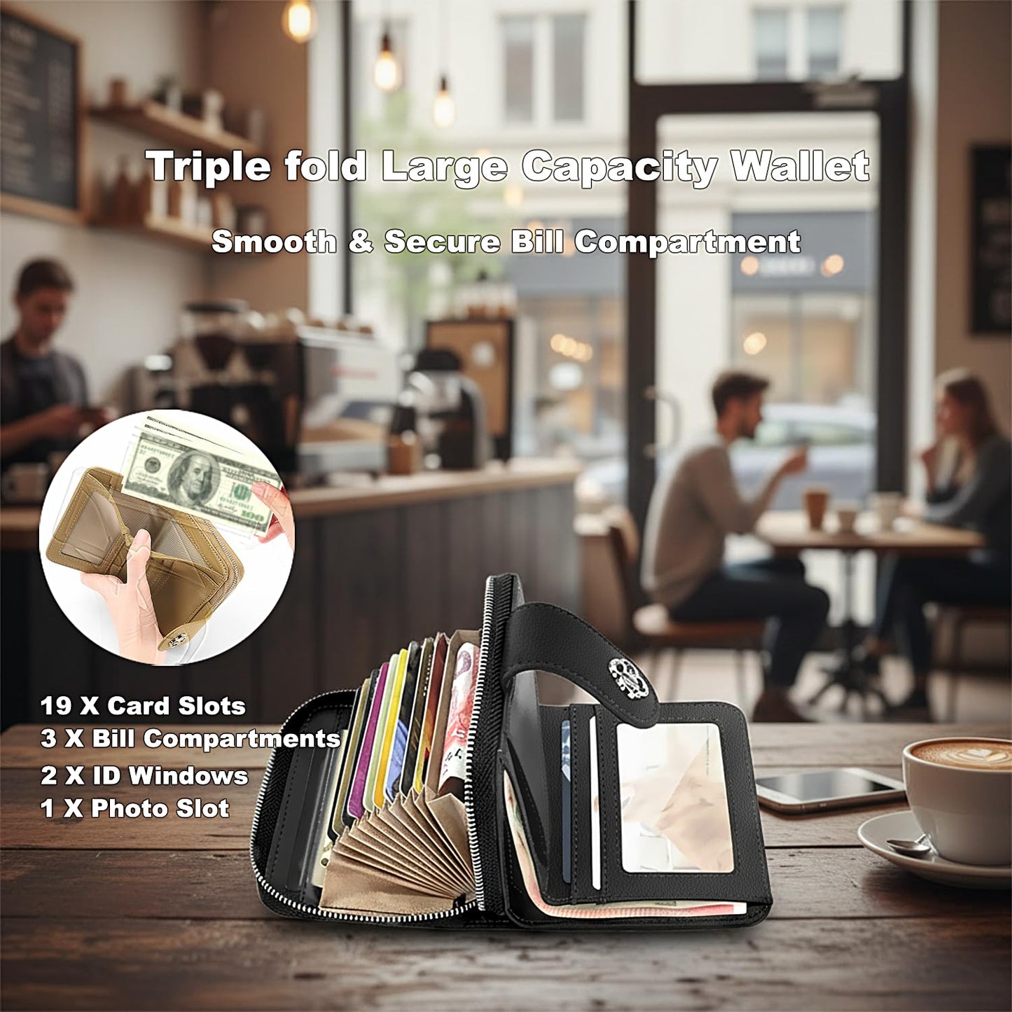 VelaStyle Credit Card Wallets for Women, Leather Cardholder with Zipper Around, Small Rfid Ladies Wallet, Accordion Compact Bifold Purse for Travel, 19 Card Slots, ID Window, Cash Organizer - Black