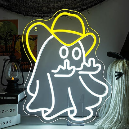 WX&YH Cowboy Ghost Giving The Finger Neon Sign Halloween Neon Signs for Wall Decor Spooky LED Lights for Porch Man Cave Room Bar Halloween Bash Unique Gift for Friends Halloween Nights